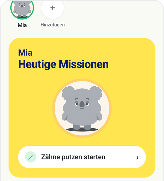 Kids Habit Startbildschirm mit der Karte der heutigen Missionen und der Schaltfläche „Zähne putzen starten“