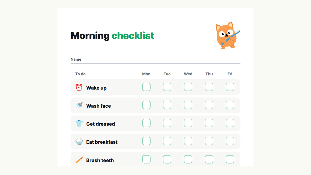Preview of the morning checklist: wake up, wash face, get dressed, eat breakfast, brush teeth, pack bag, put on shoes