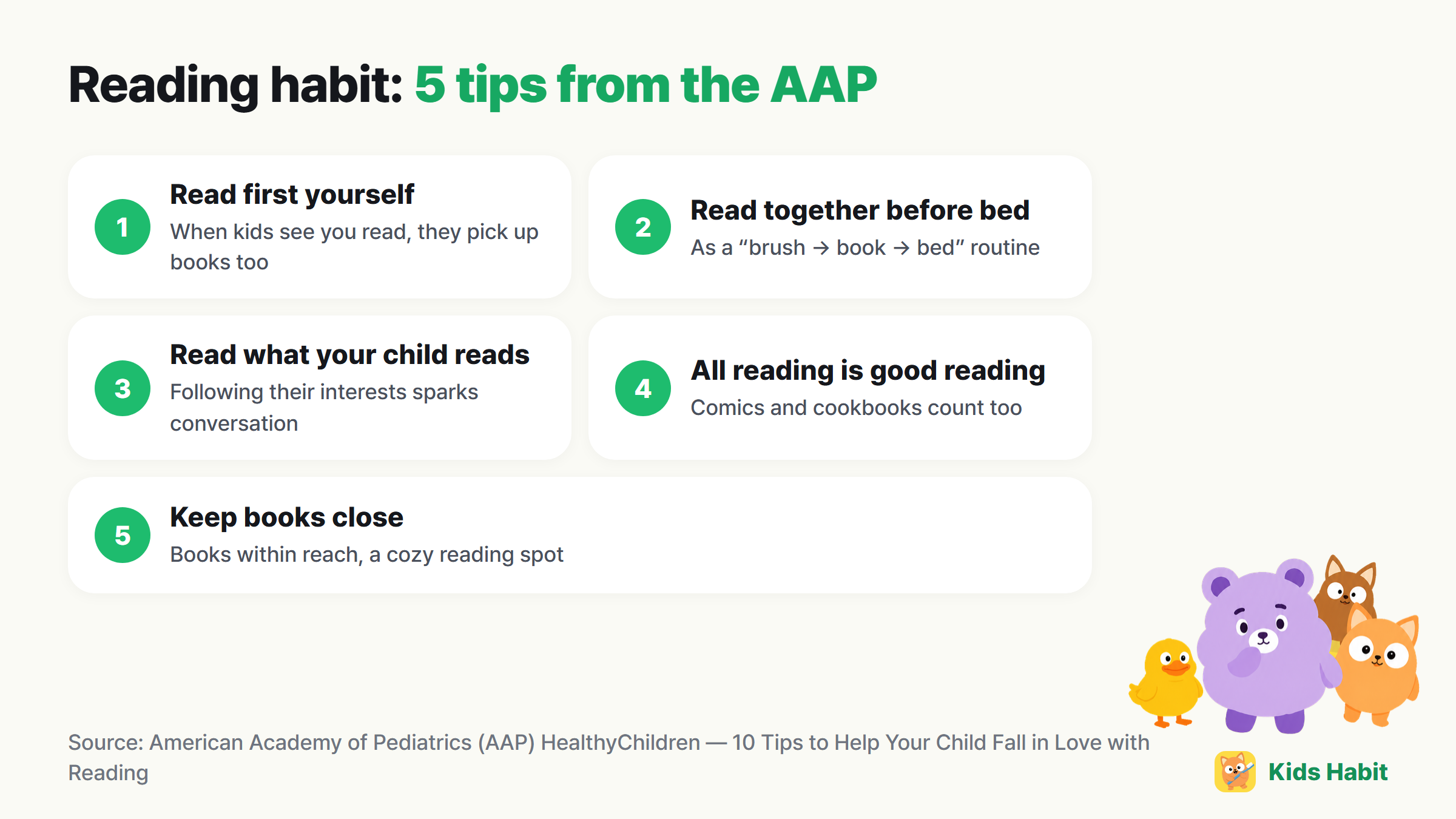 Five reading habit tips: read first yourself, read together before bed, read what your child reads, all reading is good reading, keep books close