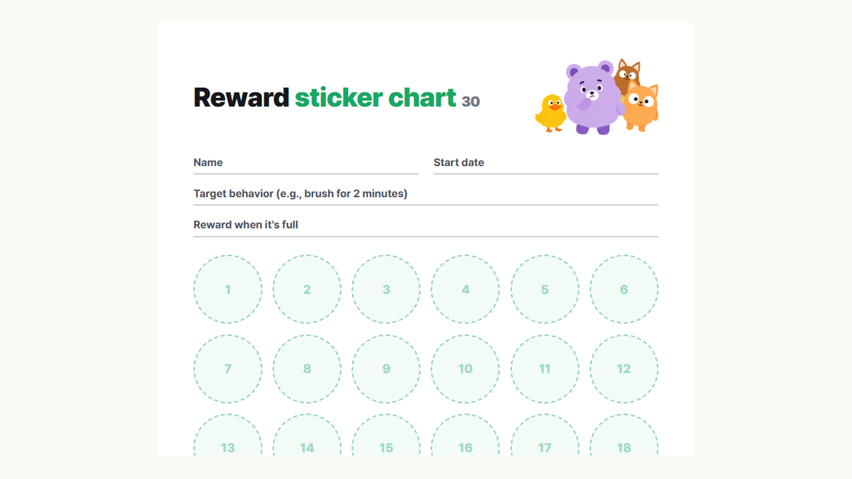 Preview of the Kids Habit 30-space reward sticker chart: name, target behavior and reward fields with 30 sticker spaces