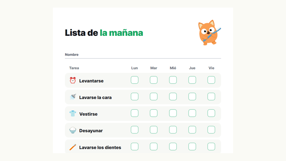 Vista previa de la lista de mañana: levantarse, lavarse la cara, vestirse, desayunar, lavarse los dientes, preparar la mochila, ponerse los zapatos