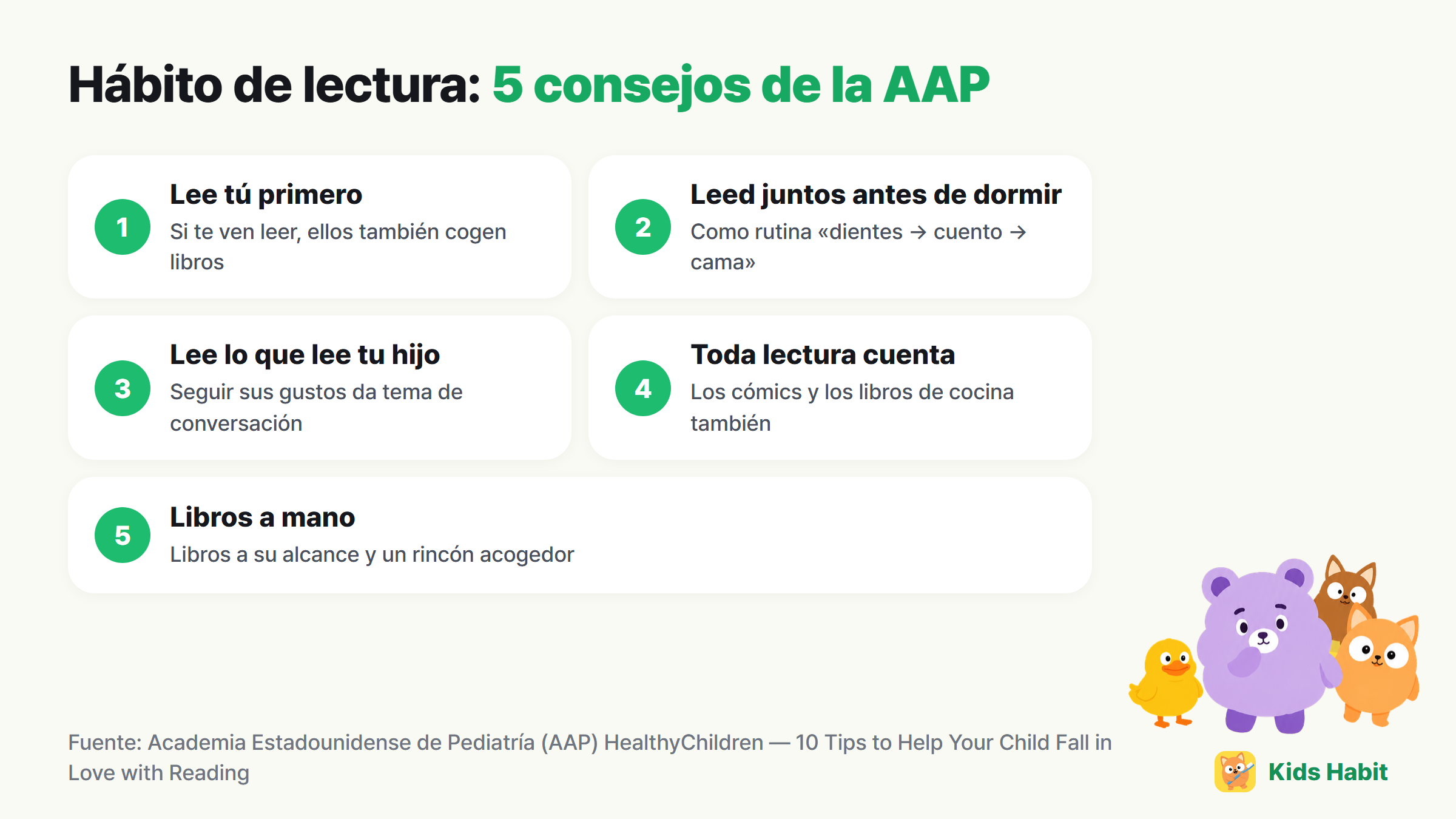 5 consejos para el hábito de lectura: lee tú primero, leed juntos antes de dormir, lee lo que lee tu hijo, toda lectura es buena lectura, ten los libros cerca