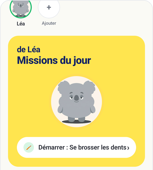 Écran d'accueil de Kids Habit avec la carte des missions du jour et le bouton « Démarrer Se brosser les dents »