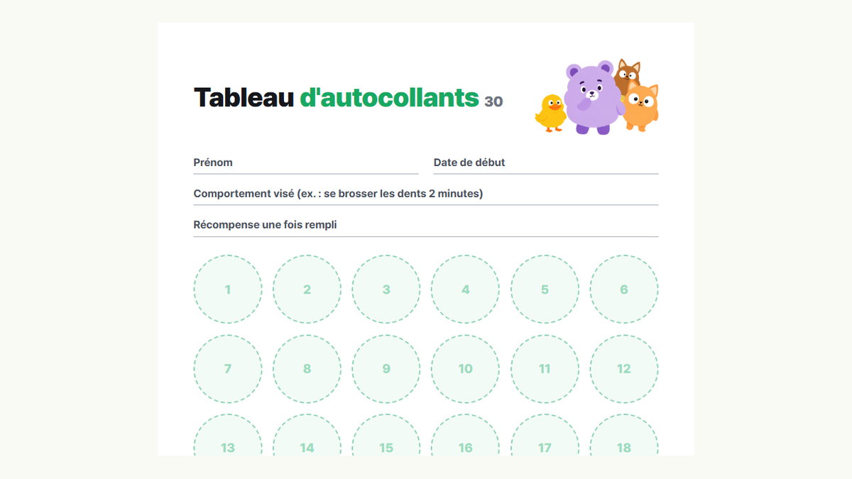 Aperçu du tableau d'autocollants Kids Habit de 30 cases : champs prénom, comportement visé et récompense, avec 30 cases