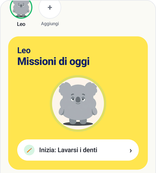 Schermata iniziale di Kids Habit con la scheda delle missioni di oggi e il pulsante «Inizia Lavarsi i denti»