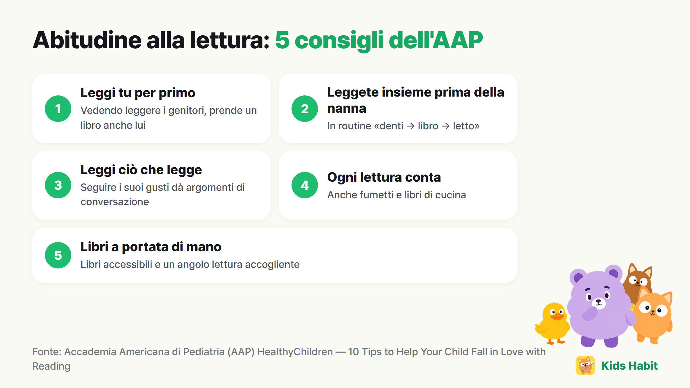 5 consigli per l'abitudine alla lettura: leggi tu per primo, leggete insieme prima di dormire, leggi ciò che legge tuo figlio, ogni lettura conta, libri a portata di mano