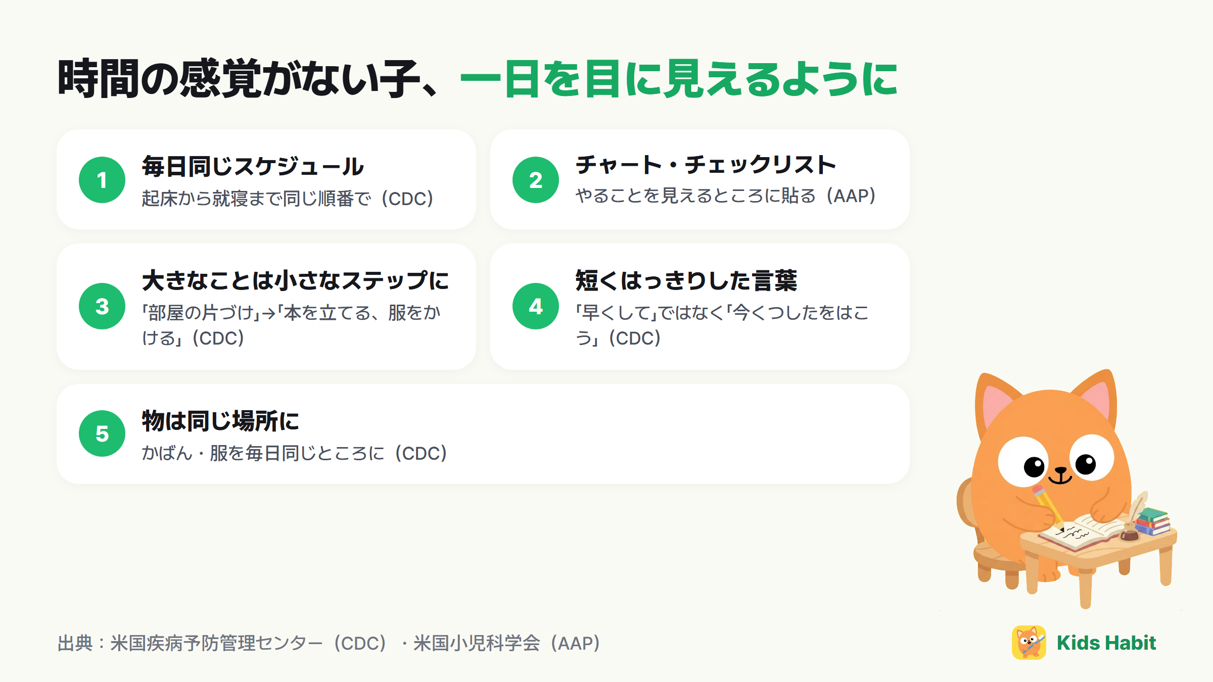 時間の感覚がない子の一日を目に見えるように：毎日同じスケジュール、チャート・チェックリスト、大きなことは小さなステップに、短くはっきりした言葉、物は同じ場所に