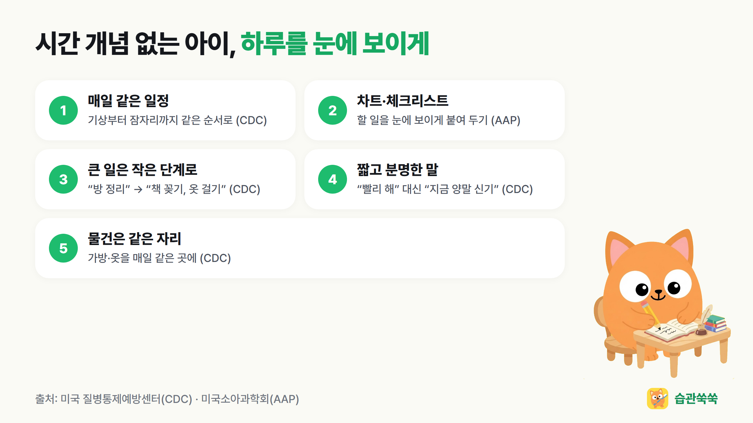 시간 개념 없는 아이 하루를 눈에 보이게: 매일 같은 일정, 차트·체크리스트, 큰 일은 작은 단계로, 짧고 분명한 말, 물건은 같은 자리