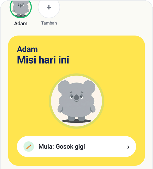 Skrin utama Kids Habit dengan kad misi hari ini dan butang Mula: Gosok gigi