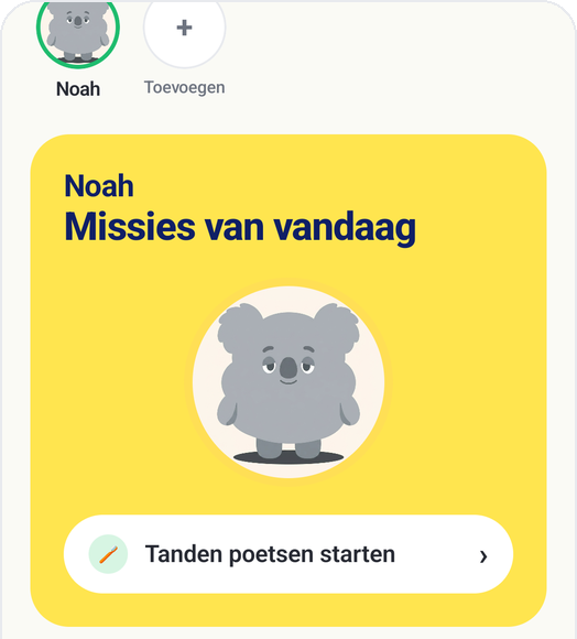 Startscherm van Kids Habit met de kaart van de missies van vandaag en de knop Tanden poetsen starten