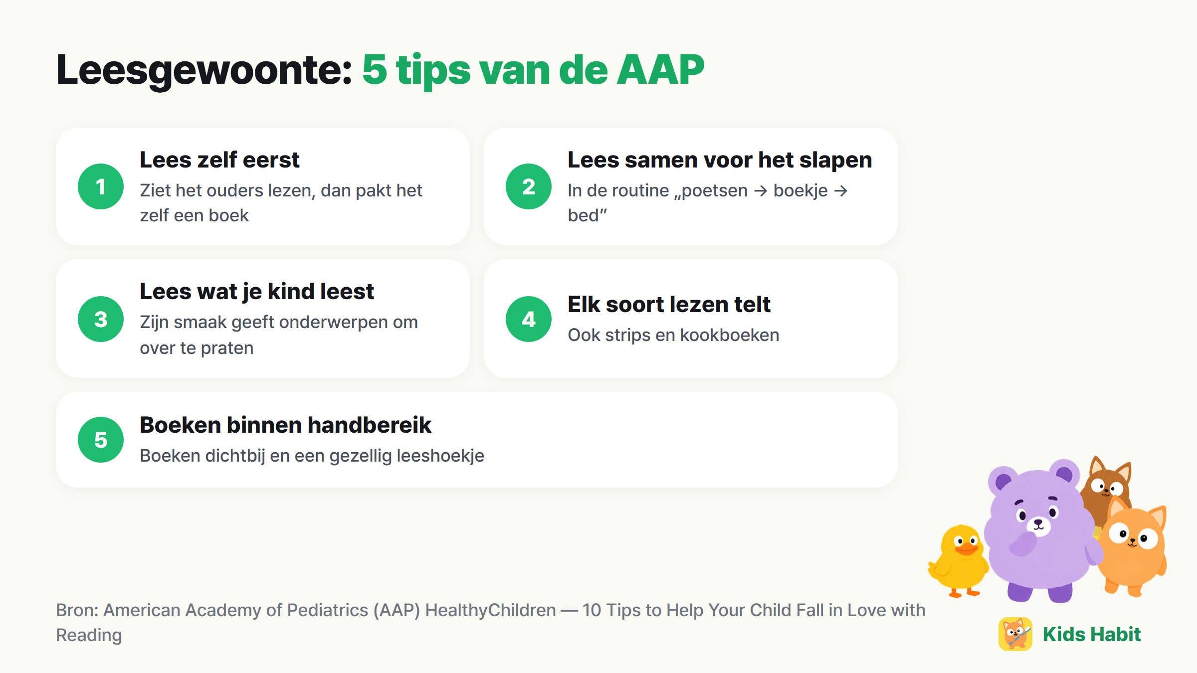 5 tips voor een leesgewoonte: lees zelf eerst, lees samen voor het slapen, lees wat je kind leest, elk soort lezen telt, boeken binnen handbereik