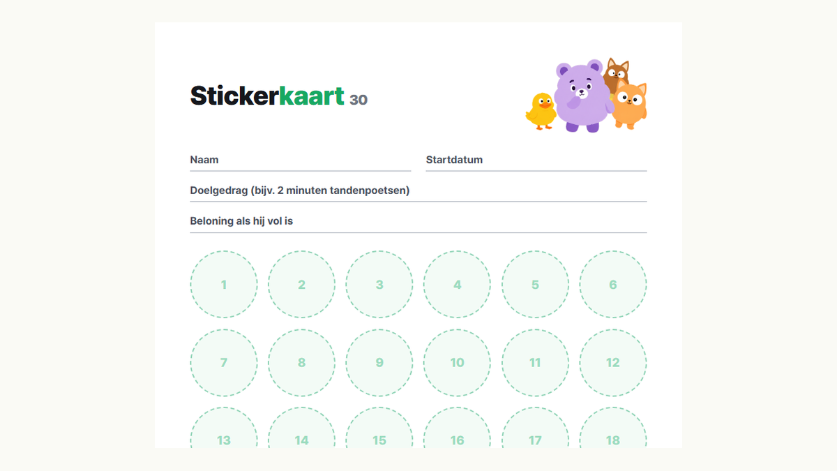 Voorbeeld van de Kids Habit-beloningskaart met 30 vakjes: velden voor naam, doelgedrag en beloning met 30 stickervakjes