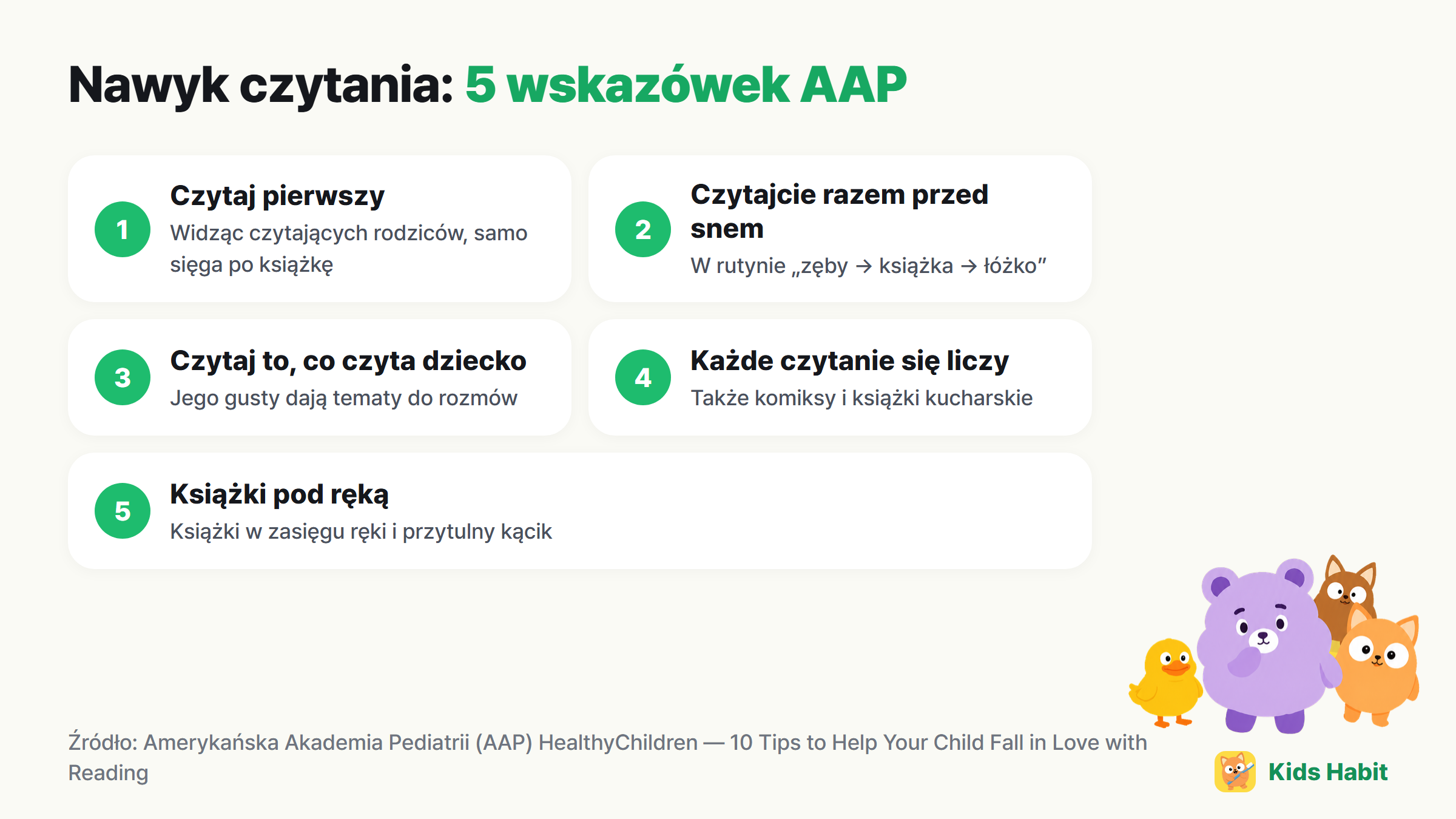 5 wskazówek dla nawyku czytania: czytaj pierwszy, czytajcie razem przed snem, czytaj to, co czyta dziecko, każde czytanie się liczy, książki pod ręką
