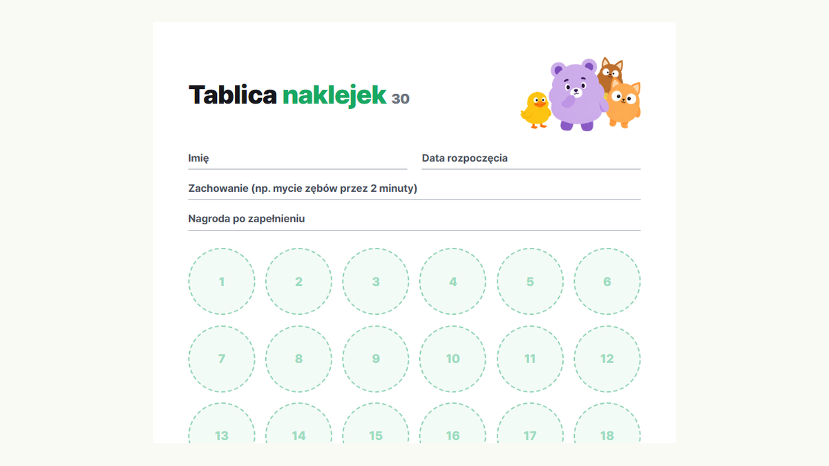 Podgląd tablicy z naklejkami Kids Habit na 30 pól: pola na imię, zachowanie docelowe i nagrodę oraz 30 pól na naklejki