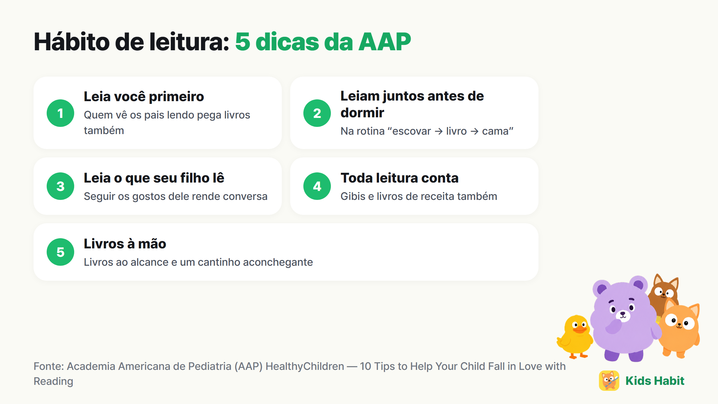 5 dicas para o hábito de leitura: leia você primeiro, leiam juntos antes de dormir, leia o que seu filho lê, toda leitura é boa leitura, deixe os livros por perto