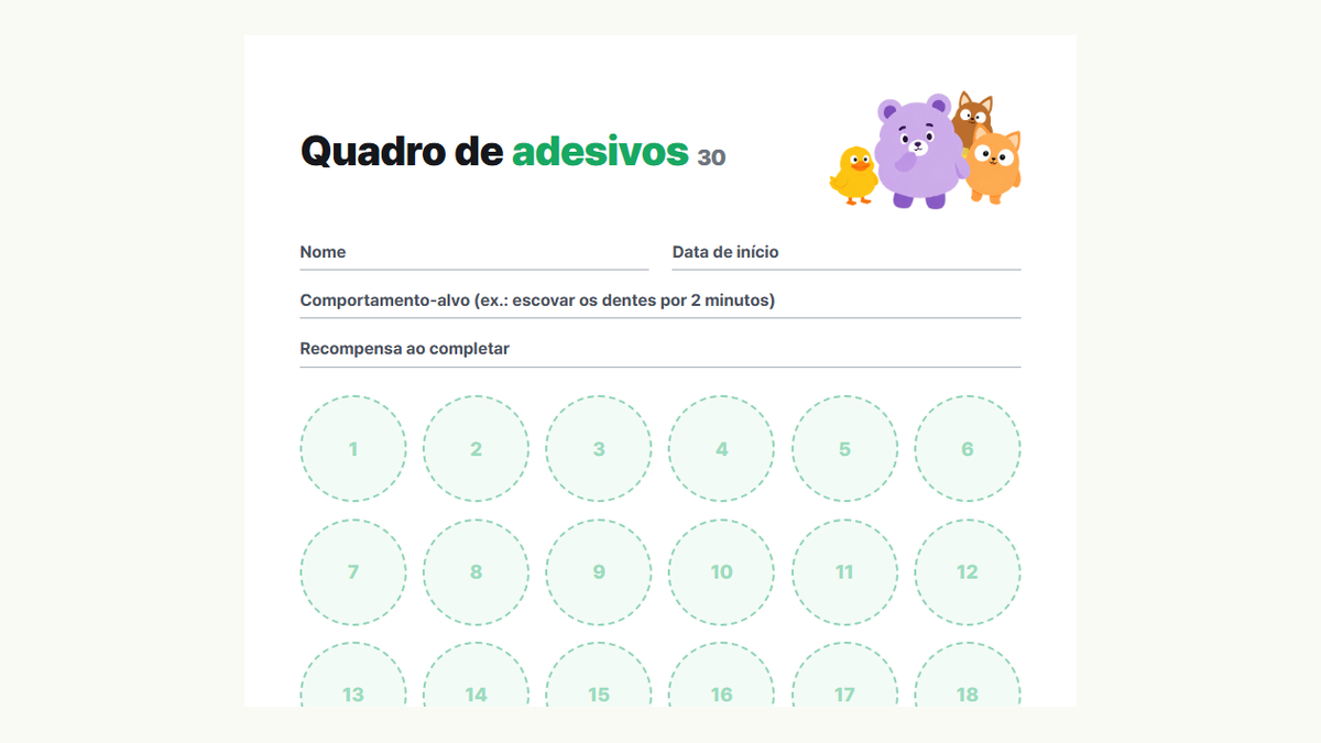 Prévia do quadro de adesivos de 30 espaços do Kids Habit: campos de nome, comportamento-alvo e recompensa, com 30 espaços para adesivos