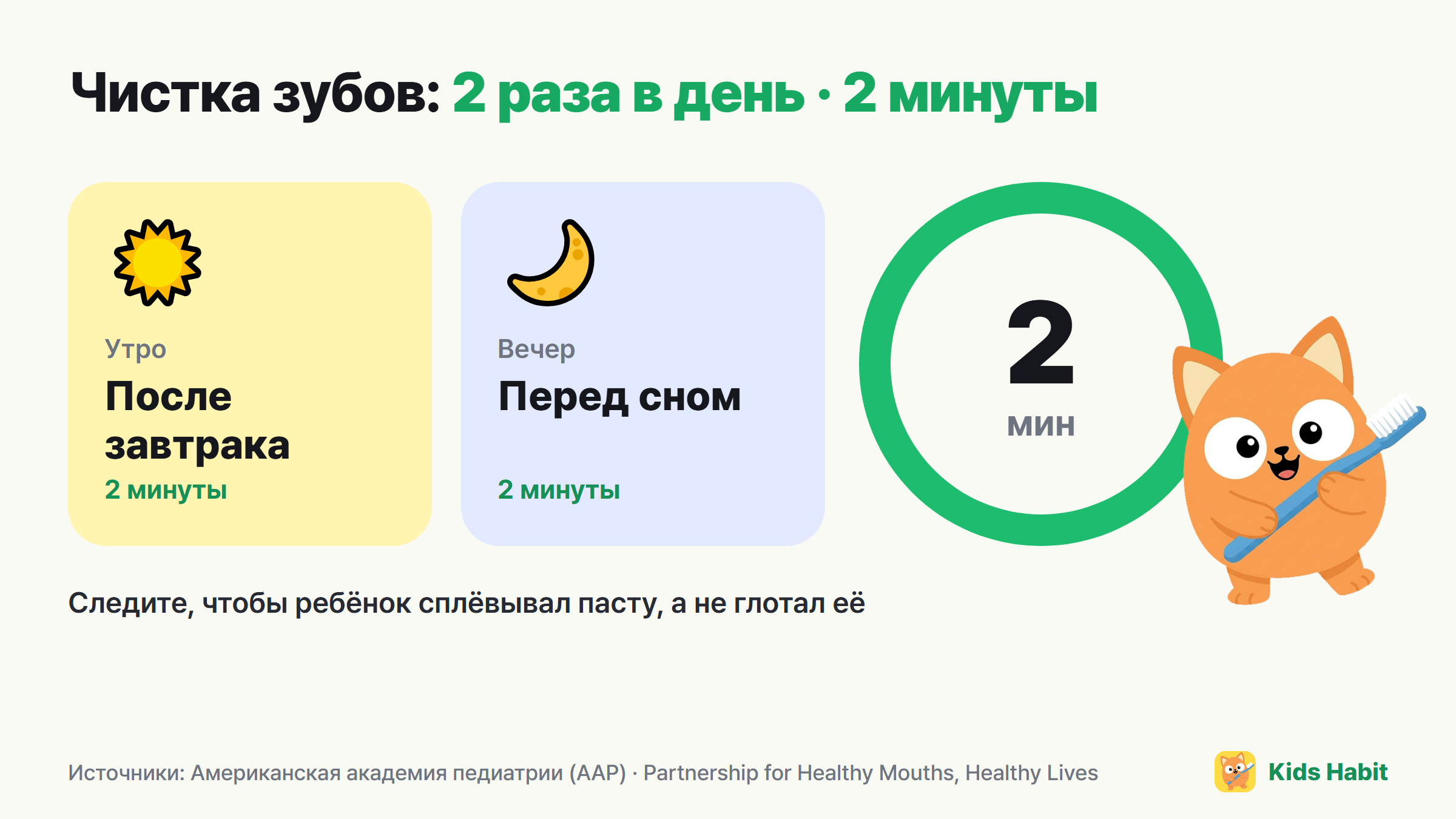 Основы чистки зубов у детей: после завтрака и перед сном, 2 раза в день, по 2 минуты