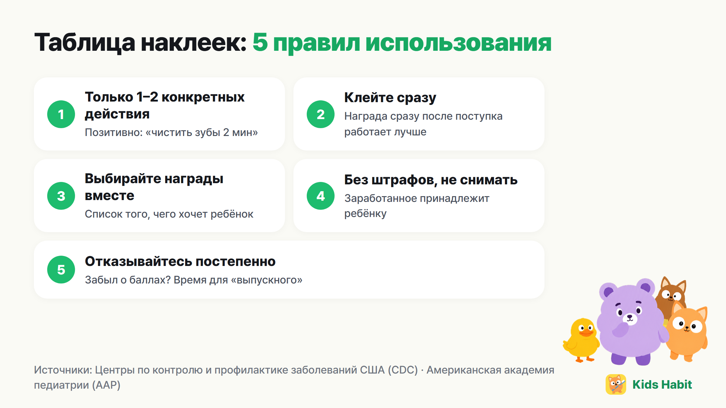 5 правил таблицы наград с наклейками: только одно-два конкретных действия, клеить сразу, выбирать награды вместе, без штрафов, отказываться постепенно, когда сложится привычка