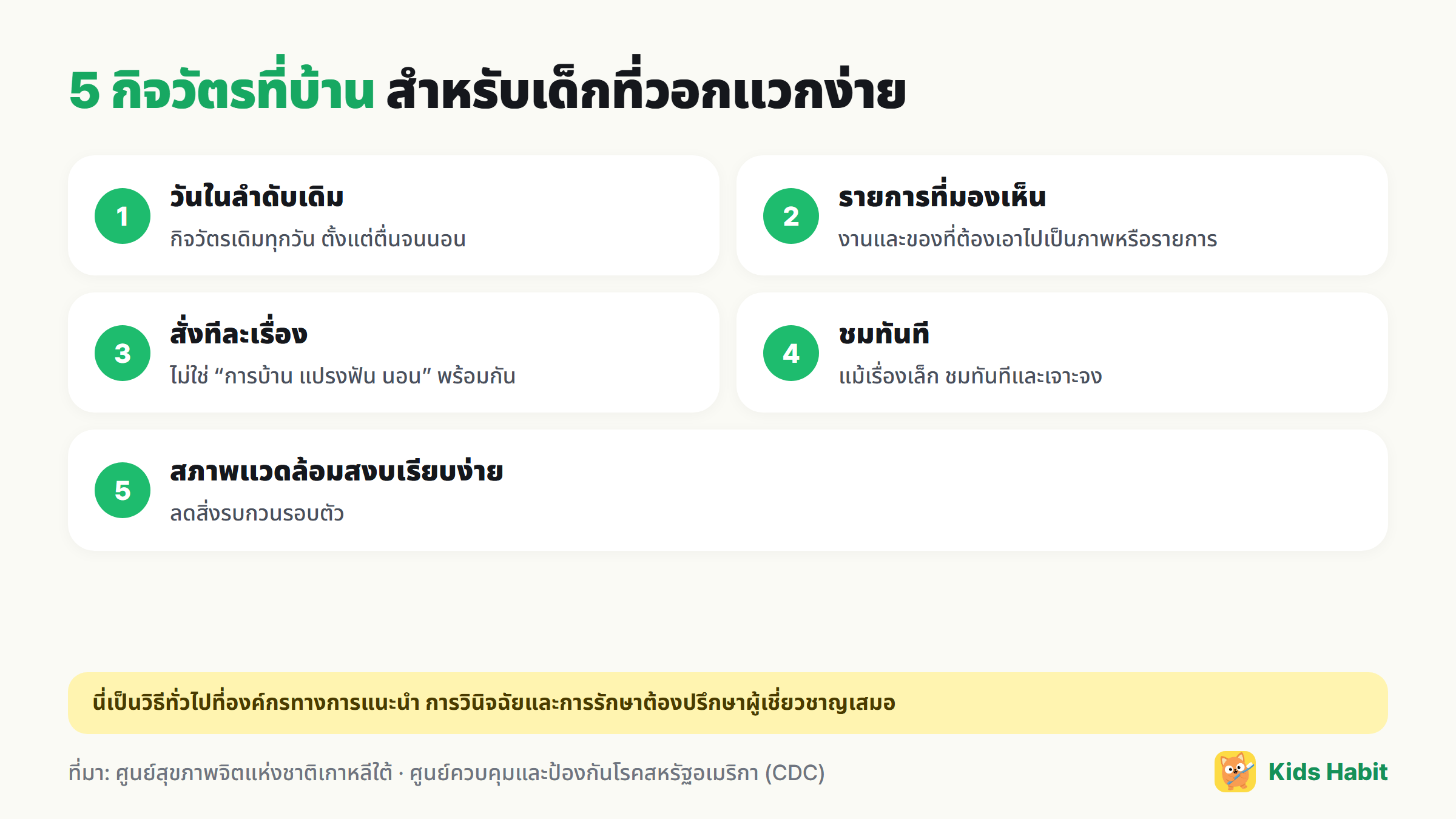 5 กิจวัตรที่บ้านสำหรับเด็กที่วอกแวกง่าย: วันในลำดับเดิม เช็กลิสต์ที่มองเห็น สั่งทีละเรื่อง ชมพฤติกรรมดีทันที สภาพแวดล้อมสงบเรียบง่าย