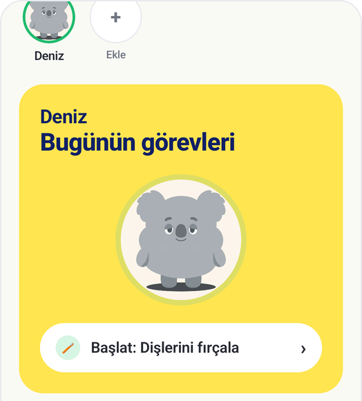Bugünün görevleri kartı ve Başlat: Dişlerini fırçala düğmesiyle Kids Habit ana ekranı