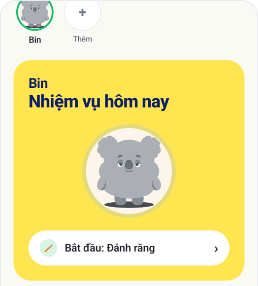 Màn hình chính Kids Habit với thẻ nhiệm vụ hôm nay và nút Bắt đầu: Đánh răng