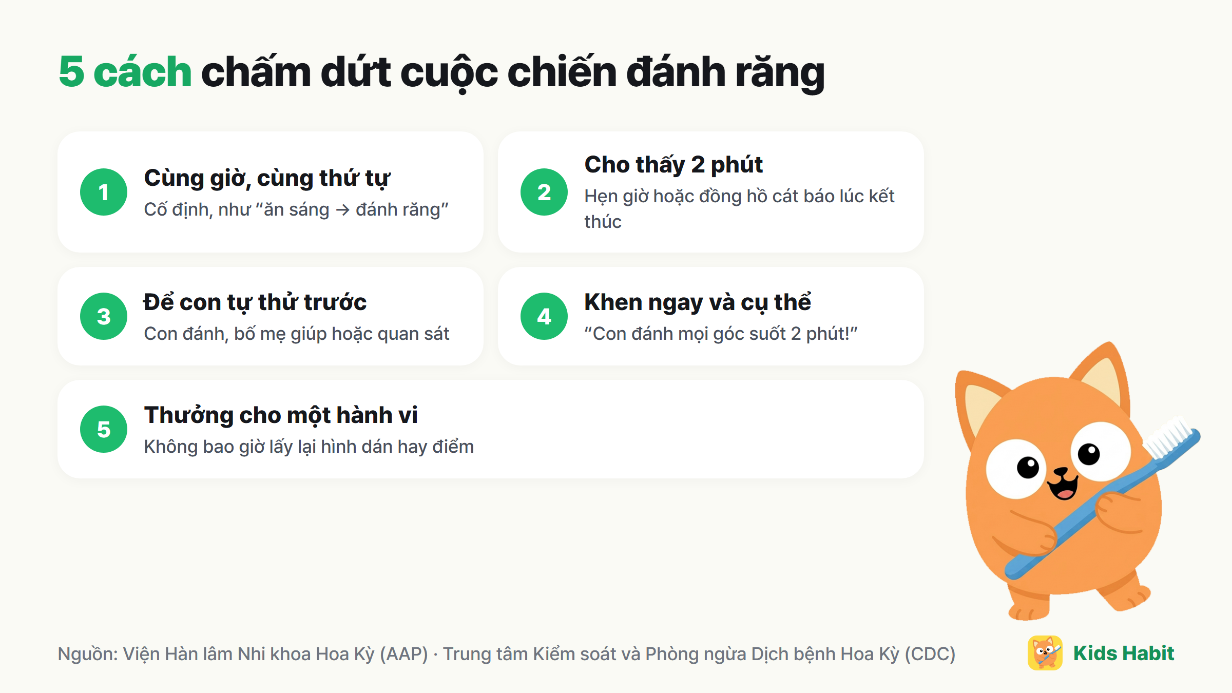 5 cách giảm giằng co khi đánh răng: cùng giờ và thứ tự, cho thấy 2 phút, để con thử trước, khen ngay và cụ thể, phần thưởng nhỏ cho một hành vi