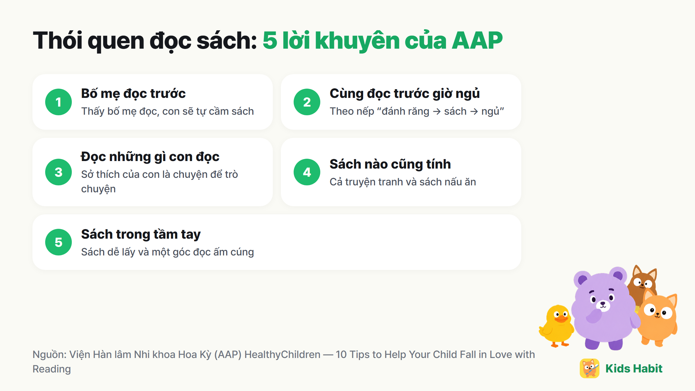 5 lời khuyên tạo thói quen đọc sách: bố mẹ đọc trước, cùng đọc trước giờ ngủ, đọc những gì con đọc, sách nào cũng tính, sách trong tầm tay