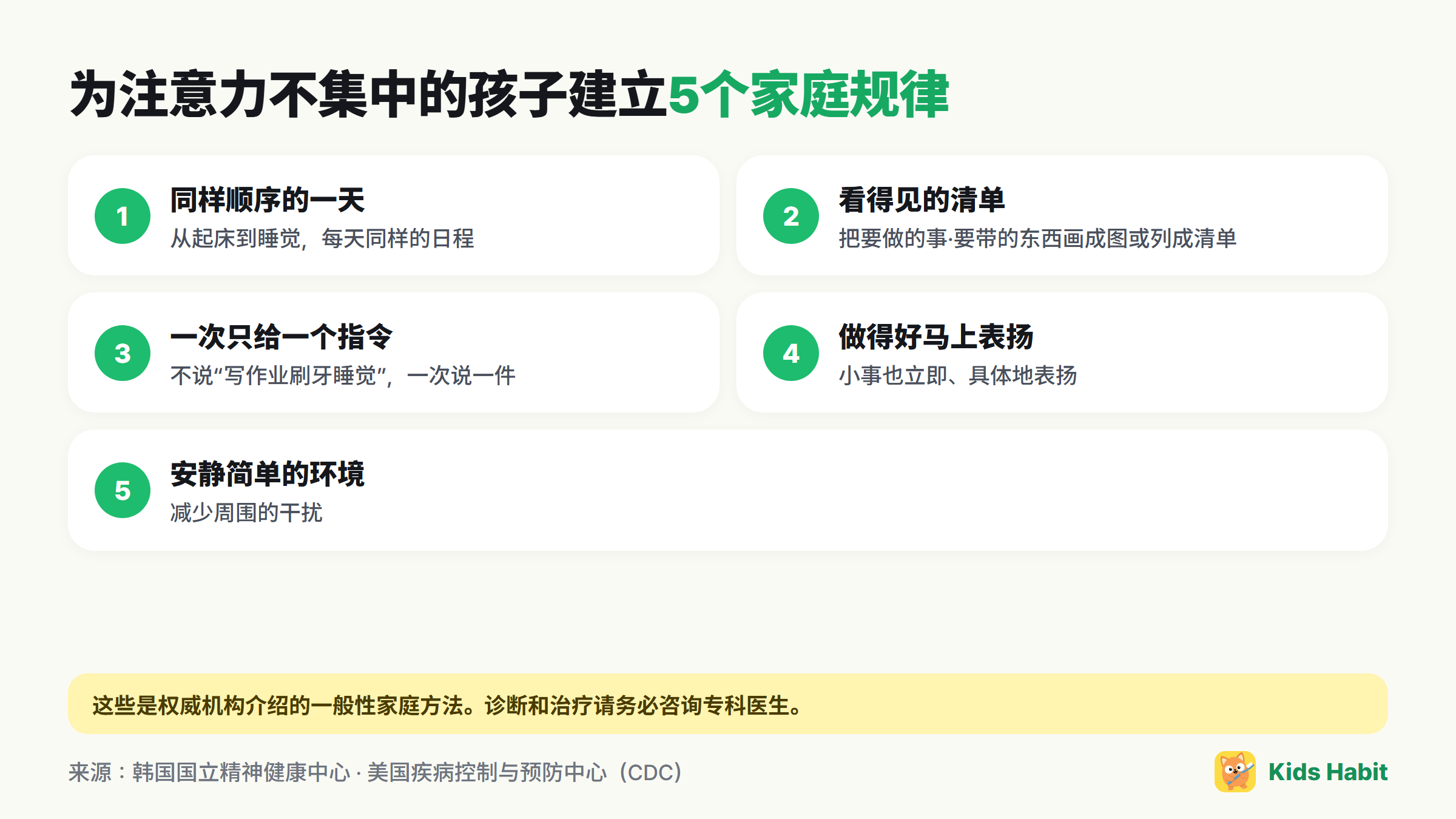 为注意力不集中的孩子建立的5个家庭规律:同样顺序的一天、看得见的清单、一次一个指令、做得好马上表扬、安静简单的环境