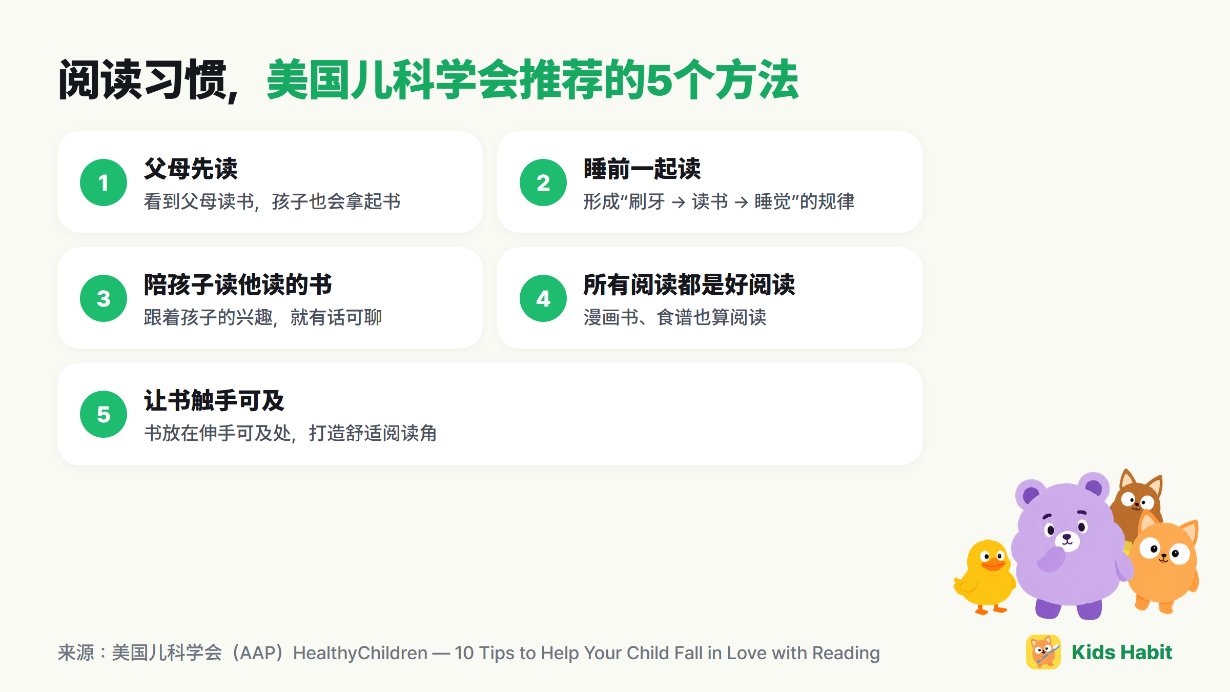 阅读习惯5个方法：父母先读、睡前一起读、陪孩子读他读的书、所有阅读都是好阅读、让书触手可及